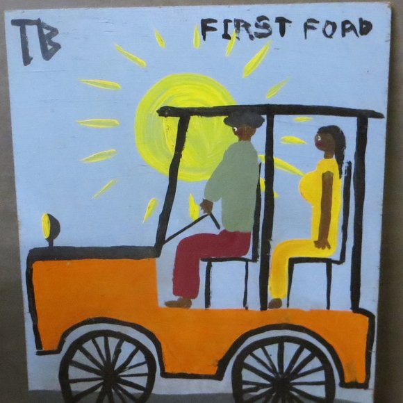 Unique African American Pop Artist TB "First Ford" Painted On Wood 20 x 15"